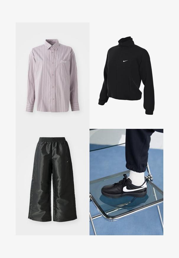 Schwarze Nike Zip-Jacke mit hohem Kragen, die eine glatte Textur aufweist, zwei Seitentaschen und ein kleines weißes Logo auf der Brust hat.; Lavendelfarbenes Button-up-Hemd mit vertikalen Streifen in Dunkelgrau. Verfügt über eine kleine Brusttasche und ein gesticktes Logo auf der linken Seite.; Schwarze Sporthose aus glänzendem, glattem Stoff, mit einem elastischen Bund, weitem Bein und einem kleinen Logo auf der linken Seite.; Schwarze Nike-Sneaker mit weißen Akzenten, die über eine glatte Ledertextur, ein Schnürdesign und eine abgerundete Zehenform verfügen, platziert auf einem Glasstuhl.