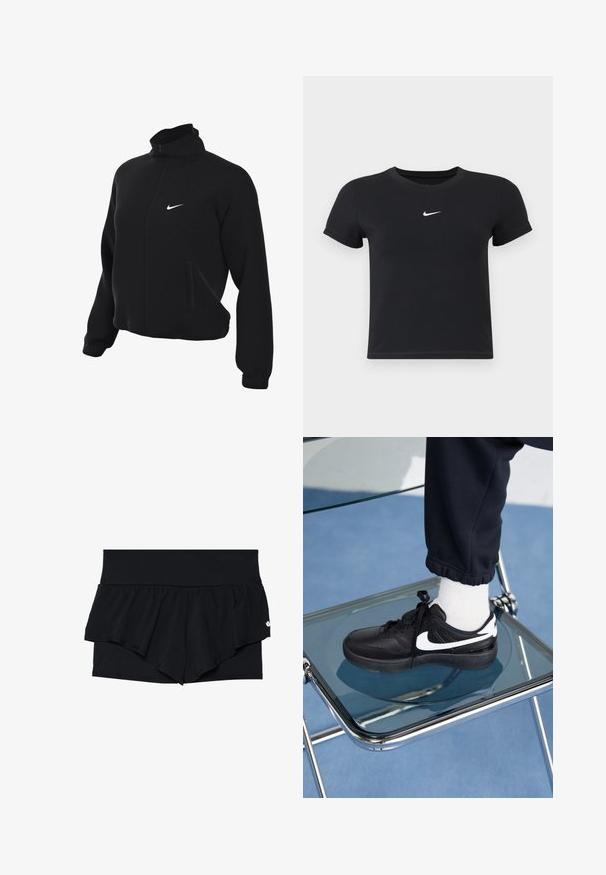 Zwarte Nike zip-up jack met hoge kraag, met een gladde textuur, twee zijzakken en een klein wit logo op de borst.; Zwarte katoenen t-shirt met korte mouwen en ronde hals. Voorzien van een wit Nike-logo op de borst, minimalistisch ontwerp en een aansluitende pasvorm.; Zwarte sportbroekjes met een gelaagde volantontwerp. De buitenste laag is glad, terwijl de binnenste laag een textuur heeft van perforeerde stof.; Zwarte Nike sneakers met witte accenten, met een gladde leren textuur, vetersluiting en ronde neus, geplaatst op een glazen stoel.