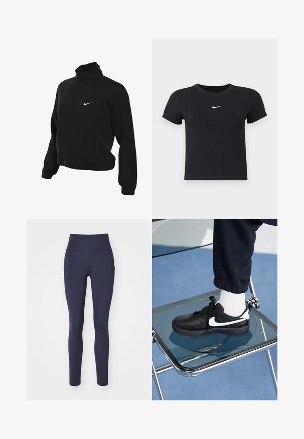 Musta Nike-zip-up-takki, jossa on korkea kaulus, sileä pinta, kaksi sivutaskua ja pieni valkoinen logo rinnassa.; Mustat lyhyet hihattomat t-paidat, jotka on valmistettu puuvillasta ja joissa on pyöreä pääntie. Sisältää valkoisen Nike-logon rinnassa, yksinkertainen muotoilu ja kapea leikkaus.; Nike Performance ONE 7/8 - Trikoot - obsidian; Mustat Nike-tennarit valkoisilla yksityiskohdilla, joissa on sileä nahkapinta, nauhakiinnitys ja pyöreä varvas, aseteltuna lasituolille.