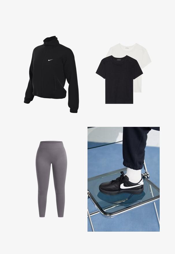 Black Nike zip-up jacket with high collar, featuring a smooth texture, two side pockets, and a small white logo on the chest.; Two short-sleeve T-shirts in black and white. Made of soft cotton, featuring a round neckline and standard fit with minimal stitching detail.; Gray leggings with a high, elastic waistband. Made from smooth, stretchy material, featuring a fitted design and seamless construction.; Black Nike sneakers with white accents, featuring a smooth leather texture, lace-up design, and rounded toe, positioned on a glass chair.