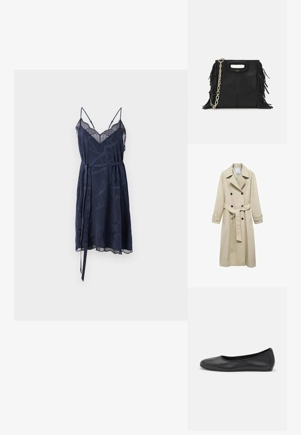 Beige Trenchcoat aus Baumwollmischung mit doppelter Knopfleiste, breiten Revers, tailliertem Gürtel und zwei seitlichen Taschen.; Zadig & Voltaire RISTYZ CHAINES - Freizeitkleid - encre; Schwarze Leder-Ballettschuhe mit abgerundeter Spitze, glatter Textur, minimalen Nähdetails und einem flexiblen Sohlen-Design.; Schwarze Lederhandtasche mit Fransen-Details, goldener Ketten-Schulterriemen und einem ausgeschnittenen Griff. Mit Logoplatzierung auf der Vorderseite.