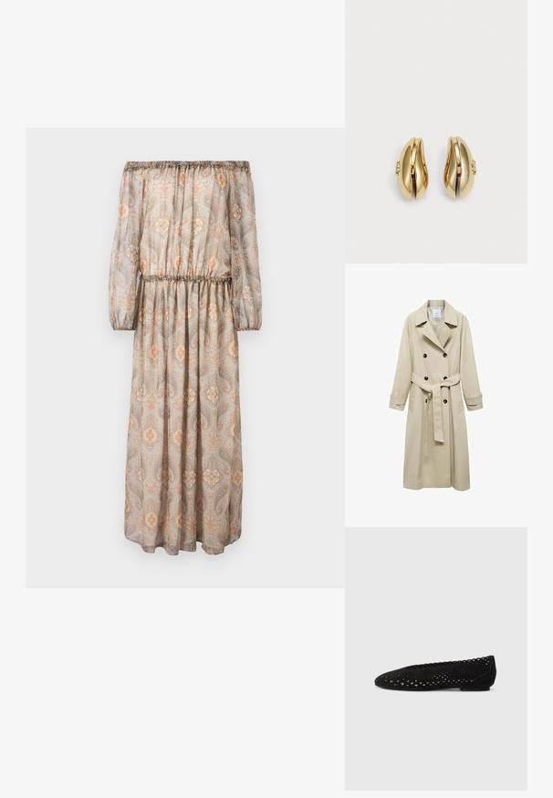 Beige trenčkot vyrobený z bavlněné směsi, s dvouvrstvým zapínáním na knoflíky, širokými klopami, páskem v pase a dvěma bočními kapsami.; Šaty bez ramínek vyrobené z lehkého, průhledného materiálu, s vzorem paisley v béžové, oranžové a modré barvě, s elastickým pasem a nafouknutými rukávy.; Černé baleríny vyrobené z perforované semišové kůže, s kulatou špičkou a vlnitými okraji. Ploché podrážky s jemnými detaily na povrchu.; Náušnice ve zlatém tónu s plynulým, zakřiveným designem. Každá náušnice má hladký povrch a malý uzávěr s ozdobným detailem.