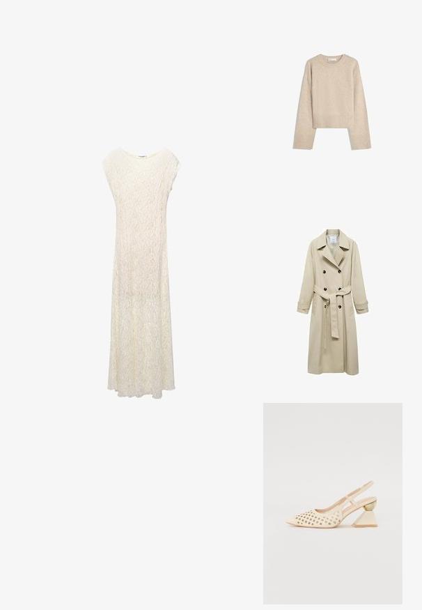 Bež trench kaput od mješavine pamuka, s dvostrukim kopčanjem na dugmadi, širokim reverima, remenom u struku i dva bočna džepa.; Bežani skraćeni pulover napravljen od mekog pletenog materijala. Ima okrugli izrez, duge rukave i rebraste manžete i porub za dodatnu teksturu.; Čipkasta maksi haljina u boji starog bijelog s opuštenim krojem, kratkim rukavima i cvjetnim uzorkom. Tkanina je poluprozirna s lepršavim siluetom.; Bež sandala s perforiranim gornjim dijelom, šiljastim nosom i kontrastnom trokutastom potpeticom s zlatnim naglaskom. Cjelokupna površina je glatka.