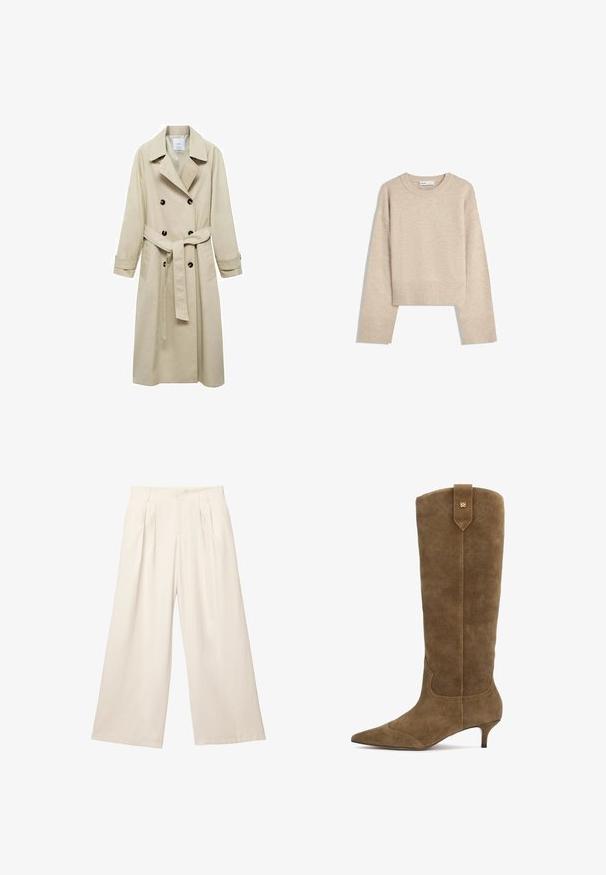 Bež trench kaput od mješavine pamuka, s dvostrukim kopčanjem na dugmadi, širokim reverima, remenom u struku i dva bočna džepa.; Bežani skraćeni pulover napravljen od mekog pletenog materijala. Ima okrugli izrez, duge rukave i rebraste manžete i porub za dodatnu teksturu.; Smeđi bodi bez rukava s kvadratnim izrezom, izrađen od mekog materijala. Ima kopču na dnu i prilagođeni siluetu.; Hlače širokih nogavica u svijetlo bež boji od mekog, teksturiranog materijala. Imaju prednje nabore i elastičnu traku u struku za opuštenu prilagodbu.; Zelena suđena čizma do koljena s uskim nosom i potpeticom visokom 5 cm, s naglašenim šavovima i stražnjim trakom s zlatnim akcentom.