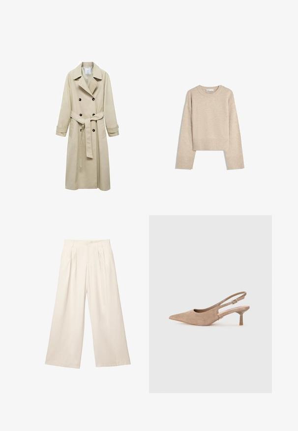 Trench coat beige realizzato in misto cotone, con chiusura a doppio petto con bottoni, ampi rever, vita con cintura e due tasche laterali.; Maglione corto beige realizzato in morbido materiale a maglia. Presenta un colletto rotondo, maniche lunghe e polsini e orlo ribattuti per una maggiore texture.; Body marrone senza maniche con scollatura quadrata, realizzato in tessuto morbido. Presenta una chiusura con snap nella parte inferiore e una silhouette aderente.; Pantaloni a gamba larga di un leggero colore beige con un tessuto morbido e texture. Presentano pieghe frontali e una vita elasticizzata per una vestibilità comoda.; Scarpe slingback in suede beige con punta a incasso e tacco a blocco trasparente basso. Presentano una cinturino regolabile per una vestibilità sicura.