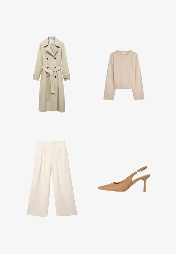 Béžový trenčkot vyrobený z bavlnenej zmesi, s dvojradovým zapínaním na gombíky, širokými klopami, opaskom v páse a dvoma bočnými vreckami.; Béžový skrátený sveter vyrobený z mäkkého pleteného materiálu. Má okrúhly výstrih, dlhé rukávy a rebrované manžety a lem pre dodatočnú textúru.; Hnedý bezramienkový body s hranatým výstrihom, vyrobený z mäkkej látky. Obsahuje zapínanie na patentky na spodnej časti a priliehavý strih.; Bledé béžové nohavice s širokými nohavicami vyrobené z mäkkej textúrovanej látky. Majú predné záhyby a elastický pás pre uvoľnený strih.; Hnedé slingback podpätky s špicatou špičkou, hladkou textúrou, nastaviteľným pásikom a štíhlym podpätkom. Minimalistický dizajn s jemným zlatým príslušenstvom.