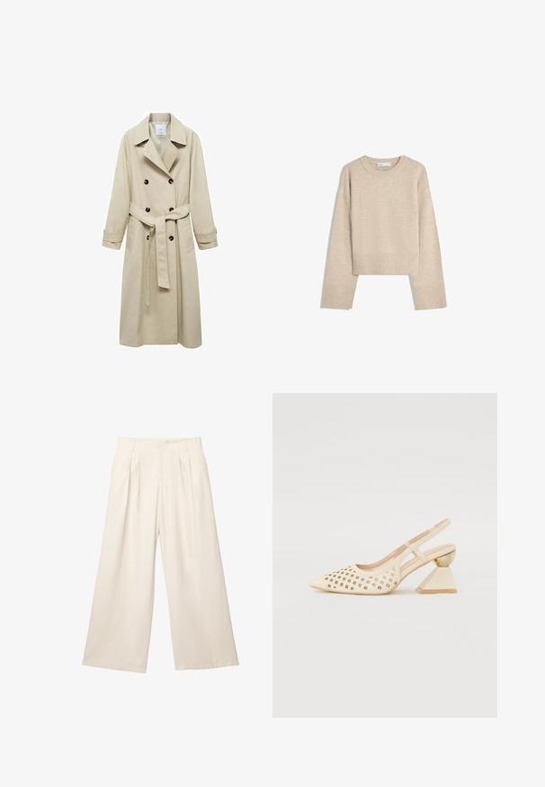 Trench coat beige realizzato in misto cotone, con chiusura a doppio petto con bottoni, ampi rever, vita con cintura e due tasche laterali.; Maglione corto beige realizzato in morbido materiale a maglia. Presenta un colletto rotondo, maniche lunghe e polsini e orlo ribattuti per una maggiore texture.; Body marrone senza maniche con scollatura quadrata, realizzato in tessuto morbido. Presenta una chiusura con snap nella parte inferiore e una silhouette aderente.; Pantaloni a gamba larga di un leggero colore beige con un tessuto morbido e texture. Presentano pieghe frontali e una vita elasticizzata per una vestibilità comoda.; Scarpa slingback beige con tomaia perforata, punta affilata e un tacco triangolare a contrasto con un accento dorato. Texture liscia nel complesso.