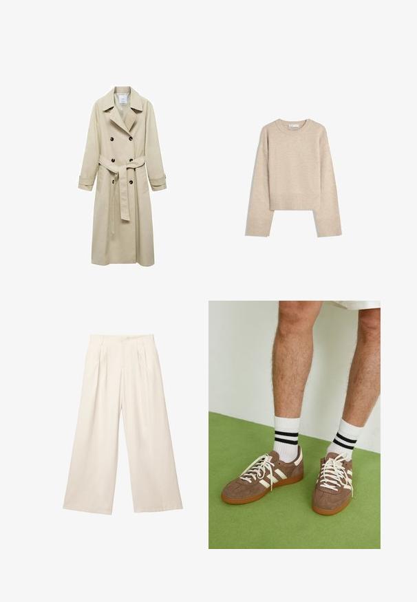 Bež trench kaput od mješavine pamuka, s dvostrukim kopčanjem na dugmadi, širokim reverima, remenom u struku i dva bočna džepa.; Bežani skraćeni pulover napravljen od mekog pletenog materijala. Ima okrugli izrez, duge rukave i rebraste manžete i porub za dodatnu teksturu.; Smeđi bodi bez rukava s kvadratnim izrezom, izrađen od mekog materijala. Ima kopču na dnu i prilagođeni siluetu.; Hlače širokih nogavica u svijetlo bež boji od mekog, teksturiranog materijala. Imaju prednje nabore i elastičnu traku u struku za opuštenu prilagodbu.; Smeđe nubuk tenisice s bijelim detaljima i vezicama. Gumeni potplat. Nosene s bijelim čarapama s crnim prugama. Zeleno teksturirano pod.