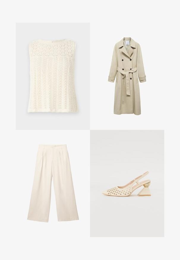 Palton bej din amestec de bumbac, cu închidere cu nasturi dubli, rever larg, talie cu curea și două buzunare laterale.; Pulover bej scurt, realizat din material tricotat moale. Are un guler rotund, mâneci lungi și manșete și tiv cu textură ribbed pentru un plus de stil.; Top tricotat fără mâneci, de culoare crem, cu un model texturat ce include motive cu frunze și un decolteu rotund. Închidere la spate cu un mic orificiu în formă de cheie.; Pantaloni cu croi larg în culoare bej deschis, confecționați dintr-un material moale și texturat. Prezintă pliseuri frontale și o talie elastică pentru un confort maxim.; Pantofii cu toc înalt, de culoare bej, clasic, cu partea superioară perforată, vârf ascuțit și un toc triangular contrastant cu un accent auriu. Textura este netedă în general.