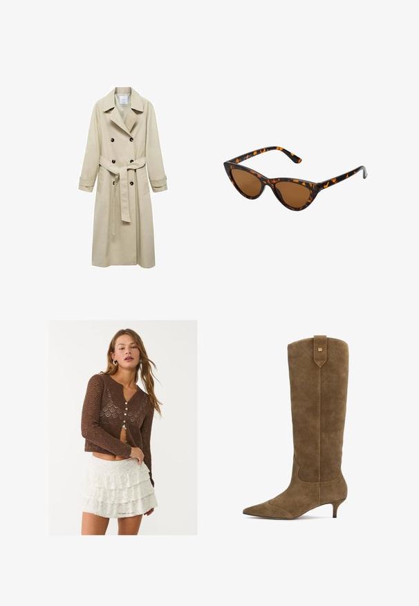 Beżowy płaszcz trench z mieszanki bawełny, z podwójnym zapięciem na guziki, szerokimi klapami, paskiem w talii i dwiema kieszeniami po bokach.; Brązowy, oversize sweter z ribbowym wykończeniem, szerokimi rękawami i okrągłym dekoltem. Miękka tekstura, minimalistyczny design bez wzorów.; Kremowa bluzka z długim rękawem o kroju peplum, z teksturowanym kwiatowym wzorem i wiązaniem przy dekoldzie. Rękawy w kształcie dzwonu z wiązaniami.; Brązowy, otwarty kardigan z dzianiny o geometrycznym wzorze, z głębokim dekoltem w kształcie litery V i sześcioma zapięciami na guziki. Połączony z białą, warstwową spódnicą koronkową.; Zamszowe kozaki do kolan w oliwkowym kolorze z wydłużonym noskiem i 5-centymetrowym obcasem, ozdobione przeszywanym wzorem oraz tylnym uchwytem z złotym akcentem.; Okulary przeciwsłoneczne w kształcie kocich oczu z czarno-pomarańczową oprawą w deseń żółwia, brązowymi soczewkami i eleganckimi, spiczastymi końcówkami. Posiadają minimalistyczne logo na zauszniku.