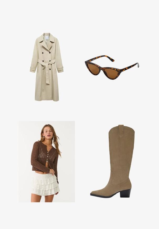 Manteau trench beige en mélange de coton, avec fermeture à boutons croisés, grands revers, taille ceinturée et deux poches latérales.; Pull marron oversized avec un ourlet côtelé, des manches larges et un col rond. Texture douce, design minimaliste sans motifs.; Blouse à manches longues couleur crème avec un bas en peplum, motif floral texturé et détail à nouer au niveau du cou. Manches évasées avec lanières.; Cardigan marron en tricot ouvert avec un motif géométrique, doté d'un décolleté en V profond et de six boutons. Associé à une jupe blanche en dentelle superposée.; Bottes en suède beige jusqu'aux genoux avec un bout pointu, un talon empilé et des détails de couture le long des côtés. Texture lisse et design structuré.; Lunettes de soleil style œil de chat avec une monture en écaille de tortue noire et orange, verres marron et pointes effilées et élégantes. Présente un logo minimaliste sur la branche.