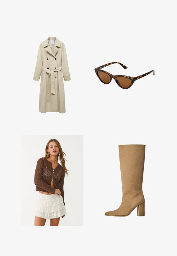 Beige trenchcoat i bomullsblandning, med dubbelknappade stängning, breda slag, bälte i midjan och två sidofickor.; Brun oversize-tröja med ribbat nederkant, vida ärmar och rund hals. Mjuk textur, minimalistisk design utan mönster.; Krämfärgad långärmad blus med peplumslut, strukturerad blommönster och knytdetalj vid halsen. Klockformade ärmslut med knyt.; Brun, öppet stickad cardigan med ett geometriskt mönster, har en djup V-ringning och sex knappstängningar. Matchad med en vit, lager-på-lager spetskjol.; Tan mockasins knähöga stövlar med blockklack, med spetsig tå och slät textur. Minimalistisk design utan utsmyckningar.; Kattögon-solglasögon med en ram i svart och orange sköldpaddsmönster, bruna linser och smala, spetsiga tips. Har en minimalistisk logotyp på bågen.
