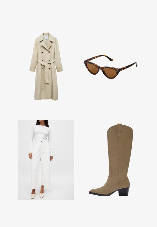 Beige trenchcoat van katoenmix, met een dubbele knoopsluiting, brede revers, een ceintuur in de taille en twee zijzakken.; Bruine oversized trui met een geribbelde onderkant, wijde mouwen en een ronde hals. Zachte textuur, minimalistisch ontwerp zonder patronen.; Crème-kleurige blouse met lange mouwen en een peplumzoom, met een getextureerd bloemenpatroon en een strikdetail bij de halslijn. Belvormige manchetten met strikken.; Witte lange mouw top met een ribbelstructuur, gecombineerd met hoge witte wijde jeans met voorzakken en zilveren hardwaredetails.; Kniehoge tan suède laarzen met een puntige neus, een gestapelde hak en stiksel details langs de zijkanten. Smooth texture en gestructureerd ontwerp.; Cat-eye zonnebril met een zwart en oranje schildpadframe, bruine lenzen en slanke, puntige uiteinden. Bevat een minimalistisch logo op de poot.