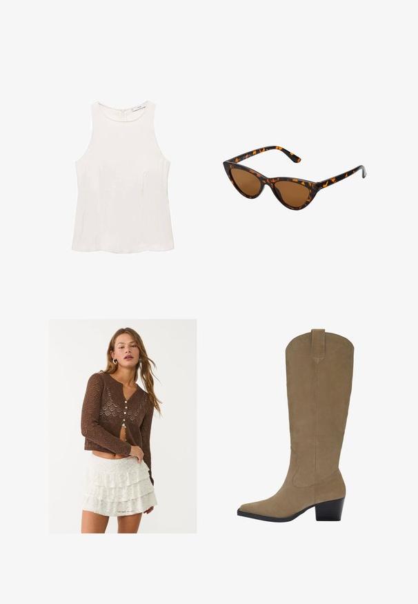 Bež trench plašč iz mešanice bombaža, s podvojeno zaponko, širokimi ovratniki, pasom z obljubo in dvema stranskima žepoma.; Rjav oversize pulover z rebrastim robom, širokimi rokavi in okroglo ovratnikom. Mehak material, minimalistična zasnova brez vzorcev.; Brezrokavica v kremni barvi, izdelana iz gladkega materiala, z okroglo ovratnikom, subtilnimi šivi in zadrgo na hrbtni strani. Minimalistična zasnova brez okrasnih elementov.; Rjav, odprti pleteni kardigan z geometrijskim vzorcem, ki ima globok V-izrez in šest gumbov. Ujemajoč se z belo, večplastno čipkastimi krili.; Biege suknje do kolen iz nubuk kože z ostrim nosom, nabranim peto in šivanim detajlom ob straneh. Gladka tekstura in strukturiran dizajn.; Mačje oči sončna očala z okvirom v črno-oranžni želvej ohišji, rjavimi lečami in elegantnimi, ostrimi konicami. Imajo minimalistični logo na ročaju.