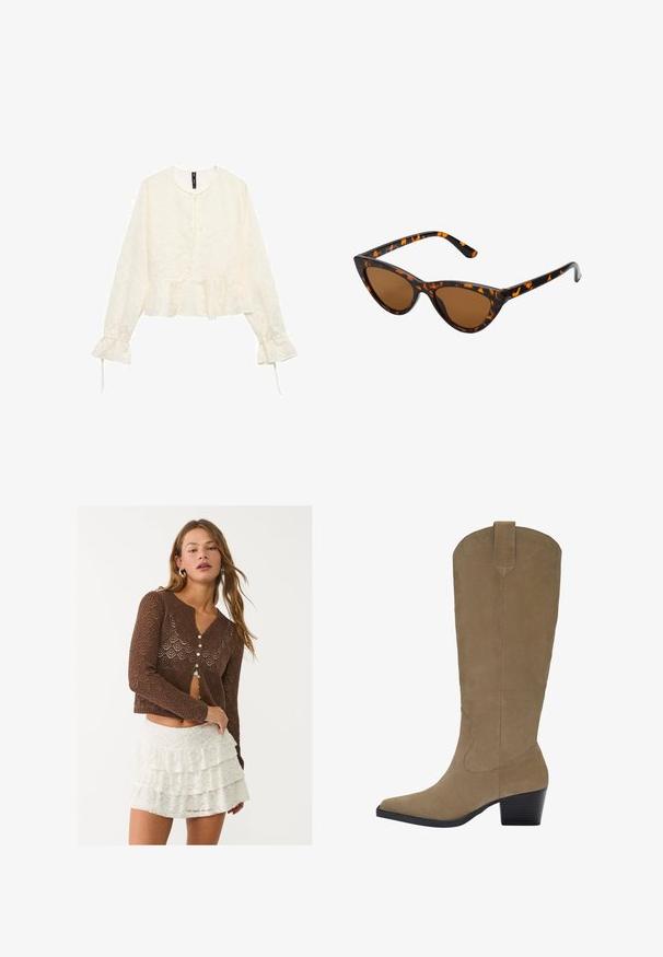 Béžový trenčkot vyrobený z bavlnenej zmesi, s dvojradovým zapínaním na gombíky, širokými klopami, opaskom v páse a dvoma bočnými vreckami.; Hnedý oversized sveter s rebrovaným lemom, širokými rukávmi a okrúhlym výstrihom. Mäkka textúra, minimalistický dizajn bez vzorov.; Krémová dlhá blúzka s peplum lemom, textúrovaným kvetinovým vzorom a viazaním na výstrihu. Rukávy v tvare zvonu so viazaním.; Hnedý kardigán s otvoreným pletením a geometrickým vzorom, s hlbokým výstrihom do V a šiestimi gombíkovými uzávermi. Spárovaný s bielou sukňou z vrstvenej čipky.; Svetlé semišové čižmy po kolená s špicatou špičkou, vrstveným podpätkom a šitím po stranách. Hladká textura a štruktúrovaný dizajn.; Mačacie slnečné okuliare s čiernym a oranžovým želvovinovým rámom, hnedými sklami a elegantnými, špicatými koncami. Obsahujú minimalistické logo na spánku.