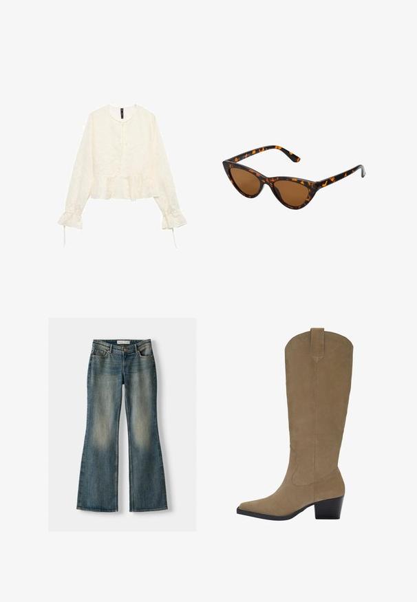 Bež trench kaput od mješavine pamuka, s dvostrukim kopčanjem na dugmadi, širokim reverima, remenom u struku i dva bočna džepa.; Smeđi oversized pulover s rebrastim rubom, širokim rukavima i okruglim izrezom. Mekana textura, minimalistički dizajn bez uzoraka.; Kremasta bluzica dugih rukava s peplum rubom, reljefnim cvjetnim uzorkom i mašnom na dekolteu. Rukavi u obliku zvona s mašnama.; Plave trapezaste traperice s izblijedjelim pranjem, pet džepova i zatvaranjem na gumb. Materijal prikazuje traper teksturu s suptilnim detaljima šivanja.; Bistre čizme do koljena od antilopa s šiljastim nosom, blok-petom i detaljima šivanja uz bokove. Glatka tekstura i strukturirani dizajn.; Sunglasses u obliku mačjih očiju s okvirom u crno-narančastom kornjačevom uzorku, smešnim lećama i elegatnim, šiljastim vrhovima. Sadrži minimalni logo na dršci.; Smeđa kožna torba s dvostrukim ručkama, podesivim detaljem remena s kopčom sprijeda i odvojivim remenom za rame na bijeloj pozadini.