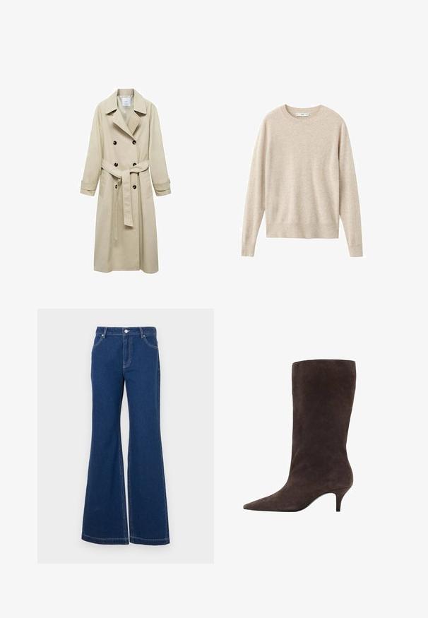 Bež trench kaput od mješavine pamuka, s dvostrukim kopčanjem na dugmadi, širokim reverima, remenom u struku i dva bočna džepa.; Beženi džemper od mekanog materijala, s okruglim izrezom i dugim rukavima. Jednostavan dizajn bez uzoraka ili ukrasa.; Tamno plave traperice s raširenim nogavicama. Karakteristike uključuju petlje za remen, prednje džepove i kontrastne šavove. Široko otvaranje nogavica.; Smešasti antilop čizme do koljena smeđe boje s oštrim rhinsetom i srednje visokom potpeticom, s glatkom teksturom i elegantnim dizajnom.
