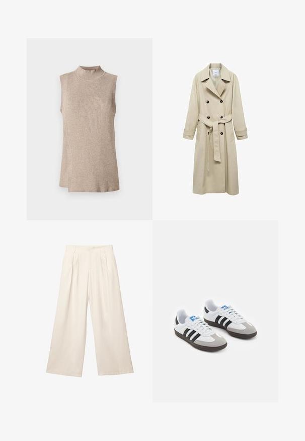Beige trenchcoat i bomullsblandning, med dubbelknappade stängning, breda slag, bälte i midjan och två sidofickor.; Beige ärmlös topp med hög ribbad krage, med ett texturerat stickat mönster och en asymmetrisk fåll, lämplig för lager-på-lager.; Vida byxor i en ljus beige färg med ett mjukt, texturerat tyg. Har framfickor och resårmidja för en avslappnad passform.; Sportskor med överdel i vit läder, grå mocka på tårna och tre svarta ränder. Har en blå logotyp på tungan och en texturerad gummisula.
