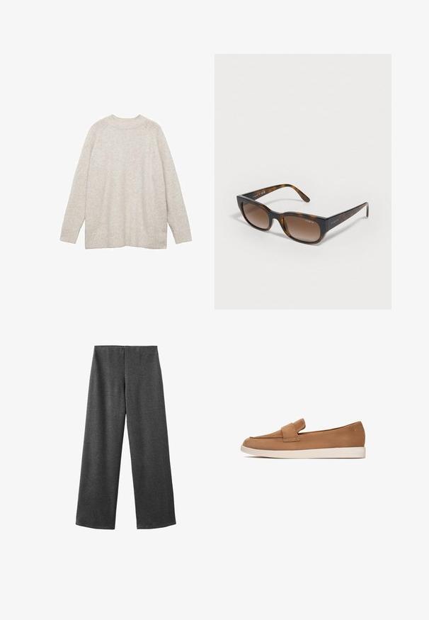 Palton bej din amestec de bumbac, cu închidere cu nasturi dubli, rever larg, talie cu curea și două buzunare laterale.; Pulover bej deschis din material moale, cu guler rotund, mâneci lungi și băiec cu nervuri la manșete și la tiv pentru un plus de textură.; Pantaloni largi dintr-un material gri închis cu o textură netedă. Au o talie medie și nu au închideri vizibile sau embellismente.; Pantof brown din suede, cu talpă plată, având un detaliu lat pe partea din față și un design neted, minimalist.; Ochelari de soare tortoise cu lentile maro gradați, rame unghiulare și logo-ul "vogue" pe brațe. Textură netedă, design modern.; Geantă de umăr din suede bej cu formă curbată, accesorii din aur și închidere cu fermoar. Are un charms atașat cu inițialele "MK."