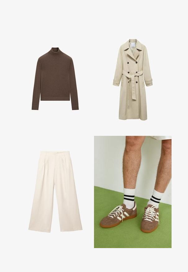 Beige trenchcoat van katoenmix, met een dubbele knoopsluiting, brede revers, een ceintuur in de taille en twee zijzakken.; Bruine coltrui van zacht breisel. Heeft een aansluitende silhoeët, lange mouwen en een geribde kraag en zoom.; Lange broek met wijde pijpen in een lichtbeige kleur, gemaakt van een zachte, gestructureerde stof. Heeft voorplooien en een elastische tailleband voor een comfortabele pasvorm.; Bruine suède sneakers met witte accenten en veters. Rubberen gumzool. Draag met witte sokken met zwarte strepen. Groene gestructureerde vloer.