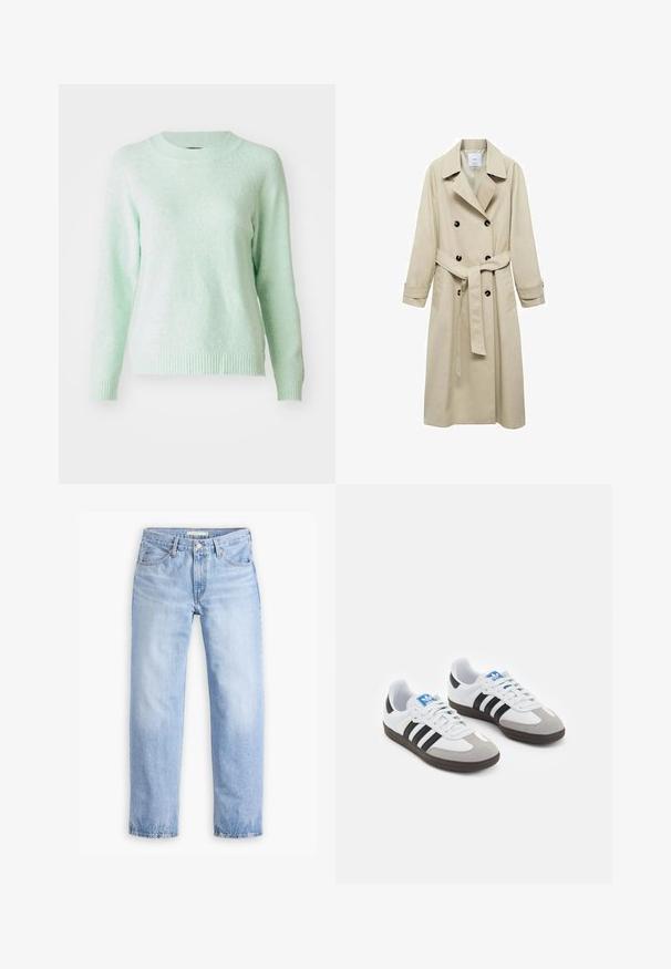 Bež trench plašč iz mešanice bombaža, s podvojeno zaponko, širokimi ovratniki, pasom z obljubo in dvema stranskima žepoma.; Svetlo zelena, pulover z dolgimi rokavi in okroglo ovratnikom. Mehak material z rebrastimi manšeti in robom. Preprost dizajn, brez vzorcev ali okraskov.; Svijetloplave traperice s ravnim nogavicama, pet džepova i srednjim strukom. Imaju istrošen izgled i šivani rub.; Športni čevlji z belim usnjenim zgornjim delom, sivim semišem na prstih in tremi črnimi črtami. Imajo modro logo na jeziku in teksturiran gumijast podplat.