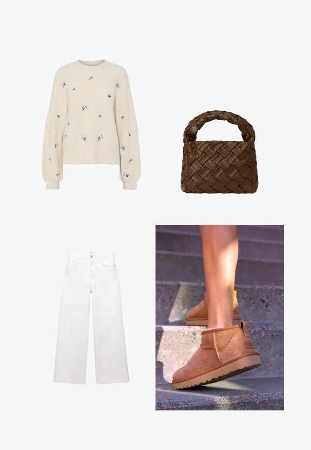 Manteau trench beige en mélange de coton, avec fermeture à boutons croisés, grands revers, taille ceinturée et deux poches latérales.; Pull beige avec une texture côtelée, orné de broderies florales bleues. Encolure ronde et manches longues amples.; Jean blanc à jambes larges en coton, avec une taille haute, un design à cinq poches et des accents en laiton. Texture lisse, sans déchirures.; Bottines en suede beige avec une texture douce, des détails cousus et une semelle en caoutchouc, dotées d'un talon en boucle pour un enfilage facile.; Sac à main en cuir tressé marron avec une poignée tressée, en forme rectangulaire, surface texturée et construction sans couture.