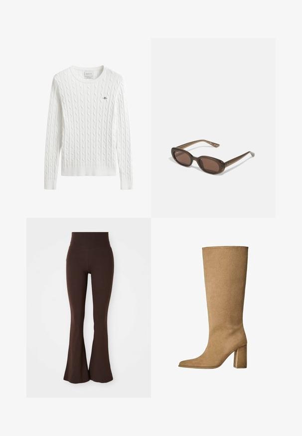 Beige trench coat made of cotton blend, featuring double-breasted button closure, wide lapels, belted waist, and two side pockets.; White cable-knit sweater with a round neckline, ribbed cuffs and hem, featuring a small embroidered logo on the left chest.; Brown flared leggings made from soft, stretchy fabric, featuring a high waistband and a fitted silhouette that flares at the ankle.; Tan suede knee-high boot with a block heel, featuring a pointed toe and smooth texture. Minimalistic design with no embellishments.; Brown oval sunglasses with dark lenses. Frame has a transparent brown material and features a logo printed on the temples.; Woven beige tote bag with a slouchy design and a single shoulder strap. Features a textured pattern throughout the surface.