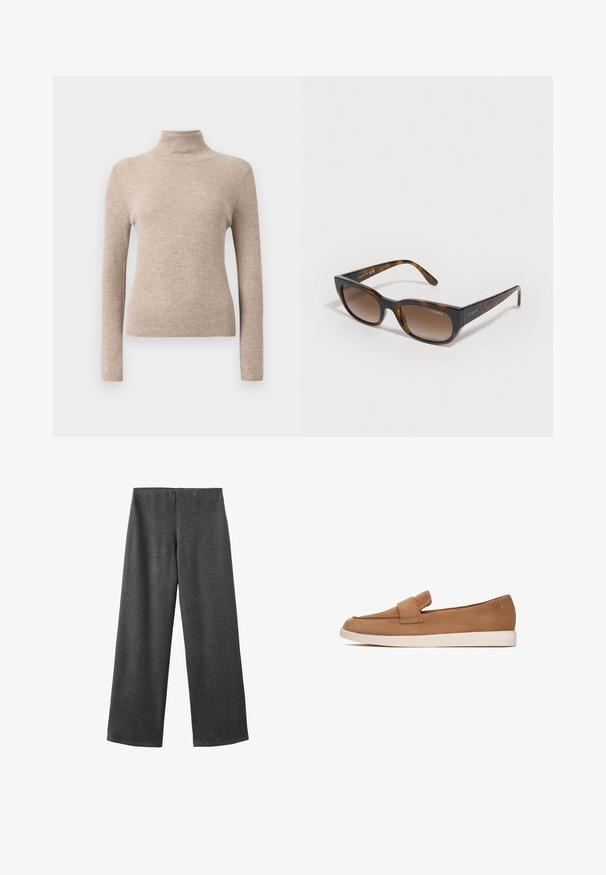 Beige trench coat made of cotton blend, featuring double-breasted button closure, wide lapels, belted waist, and two side pockets.; Beige ribbed long-sleeve turtleneck sweater displayed on a plain white background.; Wide-leg trousers made of dark gray fabric with a smooth texture. Features a mid-rise waist and no visible fastenings or embellishments.; Brown suede slip-on shoe with a flat sole, featuring a broad strap detail at the front and a smooth, minimal design.; Tortoiseshell sunglasses with brown gradient lenses, angular frames, and "vogue" logo on the temples. Smooth texture, modern design.; Tan suede shoulder bag with a curved shape, gold hardware, and zipper closure. Features an attached charm with the initials "MK."; Pair of dark green leather gloves, one showing palm side with thumb patch, the other showing back with stitched detailing and a small button.