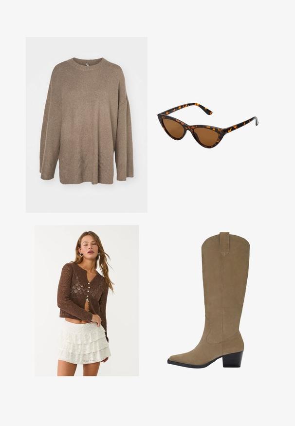 Trench coat beige realizzato in misto cotone, con chiusura a doppio petto con bottoni, ampi rever, vita con cintura e due tasche laterali.; Maglione marrone oversize con orlo a coste, maniche ampie e collo rotondo. Texture morbida, design minimalista senza motivi.; Blusa a maniche lunghe color crema con orlo peplum, motivo floreale testurizzato e dettaglio con fiocco al collo. Polsini a campana con fiocchi.; Cardigan marrone a maglia aperta con un motivo geometrico, dotato di un profondo scollo a V e sei chiusure a bottone. Abbinato a una gonna bianca in pizzo a strati.; Stivali in suede color cammello al ginocchio con punta a punta, tacco impilato e dettaglio di cuciture lungo i lati. Texture liscia e design strutturato.; Occhiali da sole cat-eye con una montatura tartarugata nera e arancione, lenti marroni e punte affusolate e eleganti. Presentano un logo minimale sulla asta.