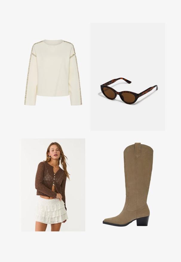 Beżowy płaszcz trench z mieszanki bawełny, z podwójnym zapięciem na guziki, szerokimi klapami, paskiem w talii i dwiema kieszeniami po bokach.; Jasna kremowa sweterka z okrągłym dekoltem, długimi rękawami i dekoracyjnym brązowym przeszyciem wzdłuż szwów ramion. Miękka tekstura i luźny krój.; Brązowy, otwarty kardigan z dzianiny o geometrycznym wzorze, z głębokim dekoltem w kształcie litery V i sześcioma zapięciami na guziki. Połączony z białą, warstwową spódnicą koronkową.; Knee-high, jasnobrązowe, zamszowe botki z wąskim noskiem, ściętym obcasem i przeszyciami po bokach. Gładka tekstura i sztywny fason.; Brązowe okulary przeciwsłoneczne w stylu tortoishell o klasycznym kształcie kociego oka i brązowych soczewkach. Posiadają zakrzywione ramiona z czerwonymi akcentami.
