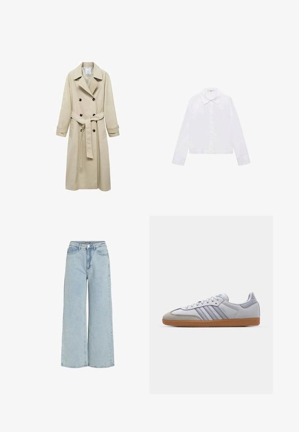 Bež trench plašč iz mešanice bombaža, s podvojeno zaponko, širokimi ovratniki, pasom z obljubo in dvema stranskima žepoma.; Bela srajca z dolgimi rokavi, ki ima klasičen ovratnik, sredinski gumbasti zapinek in gladko tkanino z nekoliko skrajšanim robom.; Svijetloplave široke traperice s visokim strukom, prednjim džepovima i kopčanjem na dugme. Imaju izbjeljenu teksturu i čiste linije.; Beli usnjeni športni copati z svetlo modrimi poudarki, sivi semiš konice in rjavim gumijastim podplatom. Imajo tri modre črte in blagovno znamko "Samba".