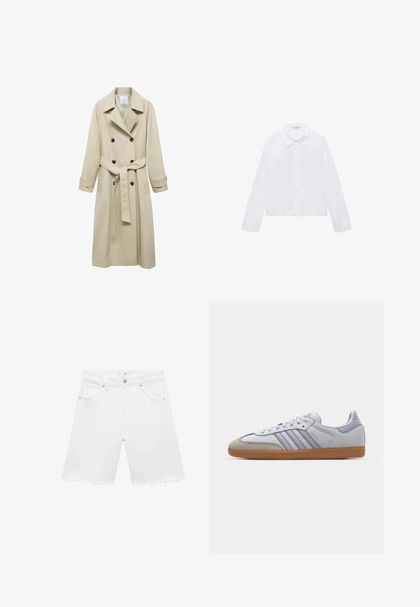 Trench coat beige realizzato in misto cotone, con chiusura a doppio petto con bottoni, ampi rever, vita con cintura e due tasche laterali.; Camicia bianca a maniche lunghe con colletto classico, pattina centrale con bottoni e tessuto liscio con orlo leggermente accorciato.; Shorts in denim bianco con orlo sfilacciato, cinque tasche, chiusura con bottone e dettagli di cucitura discreti sul retro. Vestibilità standard e tessuto leggero.; Sneakers bianchi in pelle con dettagli azzurri chiari, punta in suede grigia e suola in gomma marrone. Presentano tre strisce blu e il marchio "Samba".