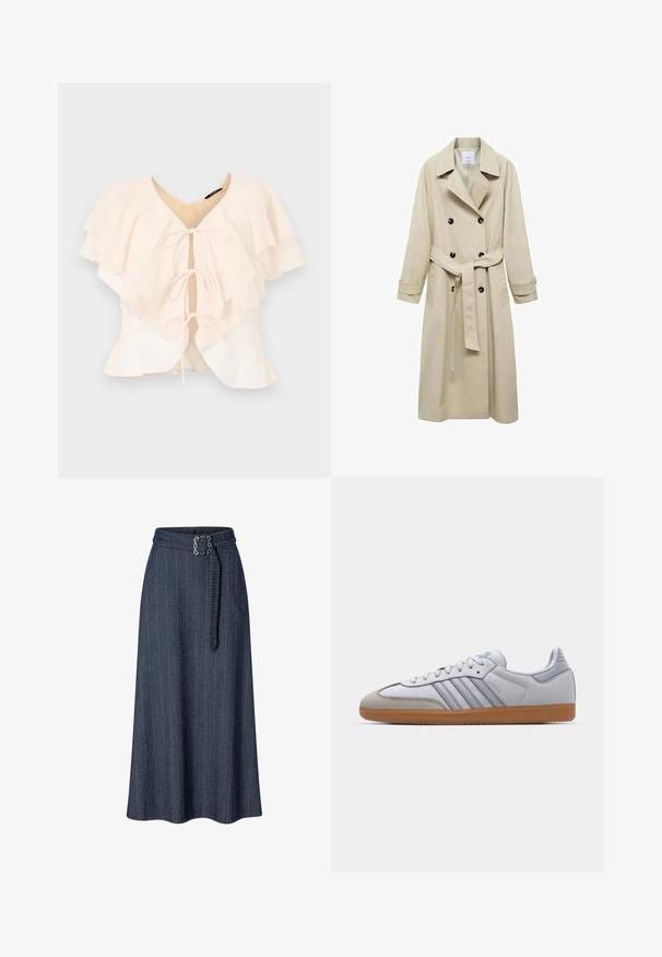 Beige trenchcoat van katoenmix, met een dubbele knoopsluiting, brede revers, een ceintuur in de taille en twee zijzakken.; Lichtroze blouse met gelaagde ruches, V-hals en drie strikken aan de voorkant. Zacht materiaal en vloeiende uitstraling.; Lange spijkerrok in donkerblauw met verticale streepjes, voorzien van een tailleband met een vierkante metalen gesp. Soepele textuur, uitlopende vorm.; Witte leren sneakers met lichtblauwe accenten, grijs suède neus en een bruine rubberen zool. Voorzien van drie blauwe strepen en "Samba"-branding.