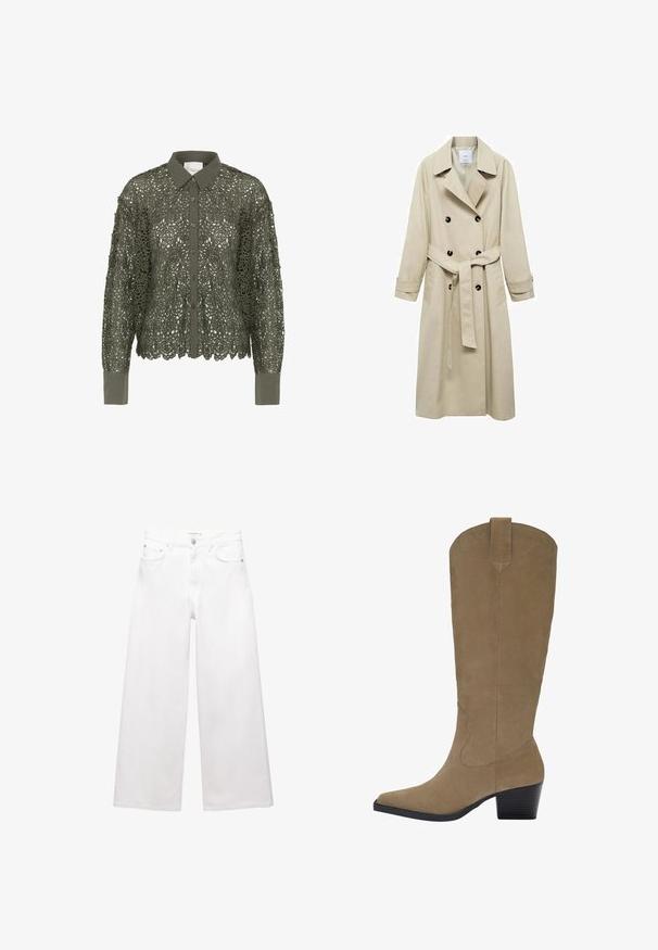 Bež trench plašč iz mešanice bombaža, s podvojeno zaponko, širokimi ovratniki, pasom z obljubo in dvema stranskima žepoma.; Olivno zelena srajca z čipkastim slojem, ki ima cvetlični vzorec, gumbi na sprednji strani in koničast ovratnik. Dolgi rokavi z enobarvnimi manšeti.; Bele široke jeans hlače iz bombaža, z visokim pasom, petimi žepi in medeninastimi dodatki. Gladka, nedotaknjena tekstura.; Biege suknje do kolen iz nubuk kože z ostrim nosom, nabranim peto in šivanim detajlom ob straneh. Gladka tekstura in strukturiran dizajn.