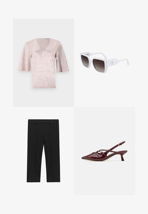 Beige trenchcoat van katoenmix, met een dubbele knoopsluiting, brede revers, een ceintuur in de taille en twee zijzakken.; Roze, kortmouwtop met een V-hals, met een gestructureerd oppervlak en glinsterende details. De stof heeft een metallic, glanzende afwerking.; STOCKH LM Studio KAYLA CAPRI - Shorts - black; Bordeaux patent leren slingback schoen met een puntige neus, een kleine hak, decoratieve banddetails en een glanzende afwerking.; Witte oversized zonnebril met een matte afwerking, gradiënt donkergrijze lenzen, en een kenmerkend logo aan de zijkant van de pootjes.