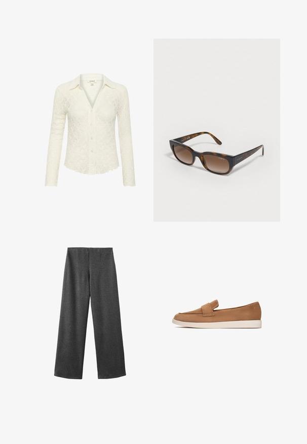 Beige trenchcoat lavet af bomuldsblanding, med dobbeltknaplukning, brede klapper, bæltestrop i taljen og to sidelommer.; Lace button-up bluse i off-white, med krave, lange ærmer, tekstureret mønster og bølget kant.; Bredde bukser lavet af mørkegrå stof med en glat tekstur. Har en mellemhøj talje og ingen synlige lukninger eller udsmykninger.; Brune ruskind slip-on sko med en flad sål, som har en bred remdetalje foran og et glat, minimalistisk design.; Skildpaddesmørbriller med brune gradientlinser, vinklede stel og "vogue"-logo på stængerne. Glat tekstur, moderne design.; Brun læder crossover taske med logo mønster, guldkæde rem, lynlås lukning og gyldne hardware detaljer. Kompakt og rektangulær form.