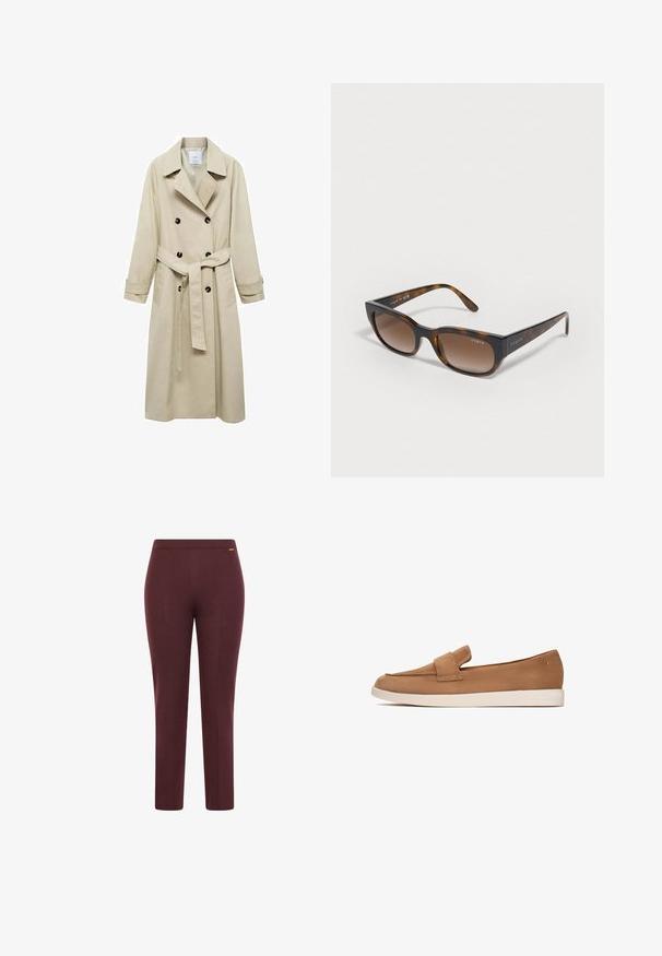 Bež trench kaput od mješavine pamuka, s dvostrukim kopčanjem na dugmadi, širokim reverima, remenom u struku i dva bočna džepa.; Siva bezrukavna majica s visokim ovratnikom, izrađena od mekane tkanine. Ima pojas s metalnom kopčom u srebrnoj boji. Jednostavan, strukturiran dizajn.; Bordo tajice od rastezljivog materijala s glatkom teksturom, prilagođenim dizajnom i jednostavnim pojasom; sadrži minimalistički detalj s logom.; Smeđe antilop cipele bez kopčanja s ravnim potplatom, s širokim remenom sprijeda i glatkim, minimalističkim dizajnom.; Tortoiseshell sunčane naočale s smešnim gradijentnim staklima, uglatim okvirom i "vogue" logotipom na sljepoočnicama. Glatka tekstura, moderan dizajn.; Tamnasta kožna torba s ravnim oblikom, zlatnim detaljima i zatvaranjem na patentni zatvarač. Ima privjesak s inicijalima "MK."