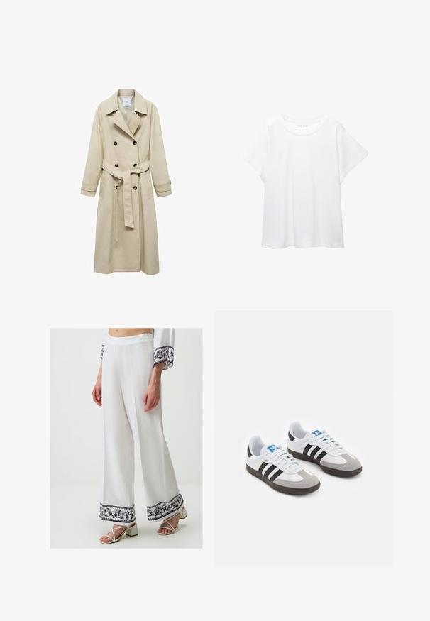 Beige Trenchcoat aus Baumwollmischung mit doppelter Knopfleiste, breiten Revers, tailliertem Gürtel und zwei seitlichen Taschen.; Weißes T-Shirt aus weichem, leichtem Stoff. Mit runder Halslinie und kurzen, weit geschnittenen Ärmeln für einen lässigen Sitz. Keine sichtbaren Muster.; Weiße weite Hosen mit strukturierter Oberfläche. Der Saum ist mit einem marineblauen Blumenmuster und dekorativen Bordüren verziert. Kombiniert mit weißen Sandalen mit Riemen.; Sportschuhe mit einem Obermaterial aus weißem Leder, grauer Wildleder-Zehenkappe und drei schwarzen Streifen. Sie verfügen über ein blaues Logo auf der Zunge und eine strukturierte Gummisohle.
