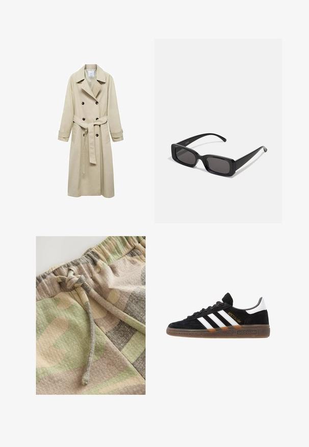 Bež trench kaput od mješavine pamuka, s dvostrukim kopčanjem na dugmadi, širokim reverima, remenom u struku i dva bočna džepa.; Bijela pamučna majica bez rukava sa rebrastom teksturom, okruglim izrezom i bez rukava. Na vratu se nalazi oznaka s natpisom "WEEKDAY."; Šorts s kamuflažnim uzorkom u kombinaciji zelene, bež i sivoj boji. Sadrže elastičnu waistband s vezicom za prilagodljivo prianjanje.; Crni Adidas tenisice s bijelim prugama, zlatnim natpisom "Spezial", gumeni potplat i bijeli oznaka na peti, prikazane u bočnom pogledu.; Crne pravokutne sunčane naočale s tamnim lećama, sjajnim završetkom, širokim drškama i masivnim okvirom. Ugraviran naziv branda na jednoj dršci.