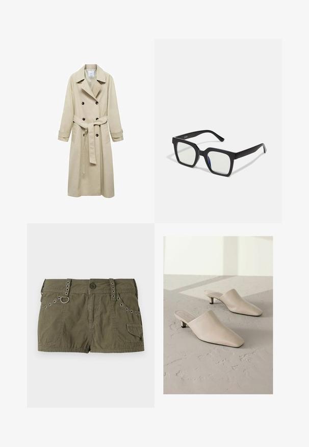 Béžový trenčkot vyrobený z bavlnenej zmesi, s dvojradovým zapínaním na gombíky, širokými klopami, opaskom v páse a dvoma bočnými vreckami.; Biele bavlnené tielko s ryhovanou textúrou, bezrukávovým dizajnom a okrúhlym výstrihom. Obsahuje štítok na krku so slovami "WEEKDAY."; Olivovo zelené šortky vyrobené z ľahkej tkaniny, s elastickým pásom a kovovými doplnkami a bočnými vreckami. Textúrovaný povrch s detailami šitia.; Béžové kožené mule s špicatou špičkou a nízkým čiernym podpätkom. Hladký povrch, ľahko obúvateľný dizajn, minimalistická silueta, žiadne viditeľné vzory.; Čierne slnečné okuliare s matným povrchom, so priehľadnými šošovkami a jemným modrým odtieňom na jednej strane. Robustný, uhlový dizajn.; Čierna kožená kabelka s vrkočovými uchami, zipsovou kapsou a zavesenými strapcami. Textúrovaný povrch s kovovými cvokmi a akcentmi z kovu.
