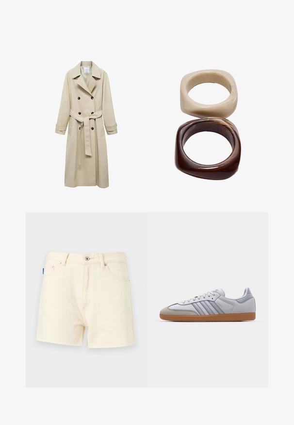 Beige trenchcoat i bomullsblandning, med dubbelknappade stängning, breda slag, bälte i midjan och två sidofickor.; Vit ribbad linne med en svart broderad logotyp centrerad på bröstet. Halsringningen och ärmhålen är avslutade med en subtil kant.; Krämfärgade denimshorts med rak skärning, försedda med knäppning fram och femfickdesign. Texturerad tyg med sömnadsdetaljer.; Vita lädersneakers med ljusblå accenter, grå mocka tå och en brun gummisula. Har tre blå ränder och "Samba"-logotyp.; Stradivarius SET - Armband - dark brown