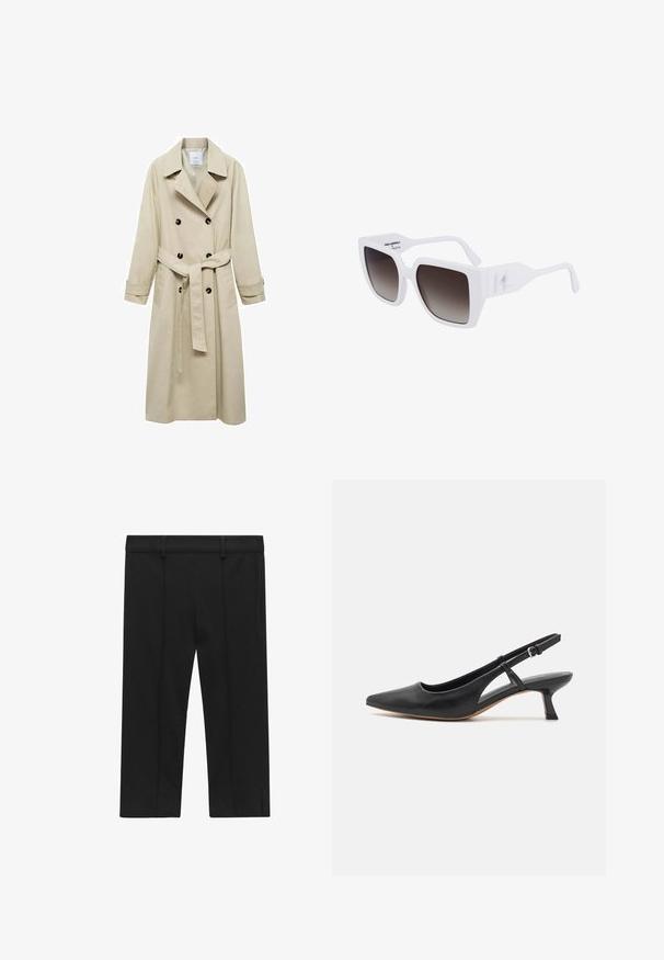 Beige trenchcoat van katoenmix, met een dubbele knoopsluiting, brede revers, een ceintuur in de taille en twee zijzakken.; Zwarte camisole met kanten rand, voorzien van dunne verstelbare schouderbandjes. Zachte stof met een gladde textuur en een aansluitende pasvorm.; STOCKH LM Studio KAYLA CAPRI - Shorts - black; Zwarte leren slingback schoen met een puntige neus, lage blokhak, uitsnijdingen aan de zijkant en een verstelbare enkelband. Glad oppervlak overal.; Witte oversized zonnebril met een matte afwerking, gradiënt donkergrijze lenzen, en een kenmerkend logo aan de zijkant van de pootjes.