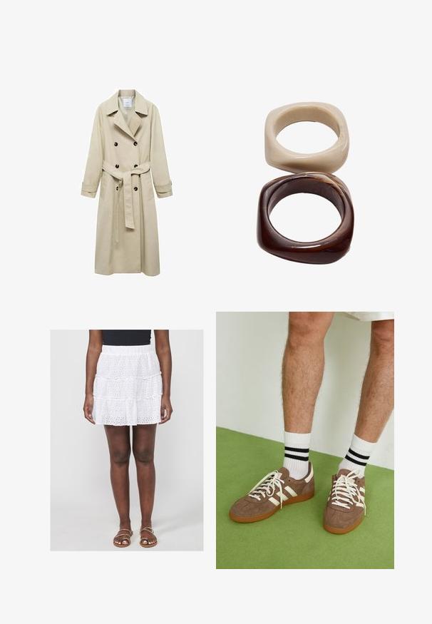 Beige trenssi takki, joka on valmistettu puuvillasekoitteesta, jossa on kaksirivinen napitus, leveät läpät, vyötärönauha ja kaksi sivutaskua.; Ruskea hihaton bodysuit, jossa on neliön muotoinen kaula-aukko, valmistettu pehmeästä kankaasta. Mukana on neppari suljenta alhaalla ja mukautettu siluetti.; Valkoinen, kerroksellinen minihame, jossa on pistemäistä brodeerausta ja smockattu vyötärö. Yhdistetty litteisiin, nauhakenkäisiin sandaaleihin.; Ruske nahkate sneakerit valkoisilla korostuksilla ja nauhoilla. Kumi-gumipohja. Yhdistetty valkoisiin sukkiin, joissa on mustia raitoja. Vihreä teksturoitu lattia.; Stradivarius SET - Rannekoru - dark brown