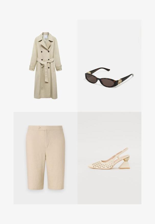 Bež trench plašč iz mešanice bombaža, s podvojeno zaponko, širokimi ovratniki, pasom z obljubo in dvema stranskima žepoma.; Rjav brezrokavnik z kvadratnim izrezom, izdelan iz mehkega materiala. Ima zapiranje s pritisnim gumbom na dnu in prilegajočo silhueto.; Beige lanene kratke hlače s sprednjim gumbom, dvema stranskima žepoma in ravnim krojem, ki se ponašajo z gladko teksturo in preprostim izgledom.; Beige sandal s peto s perforirano zgornjo stranjo, s koničastim nosom in kontrastno trikotno peto, ki ima zlat akcent. Splošno gladka tekstura.; Kornjačaste sunčane naočale s izduženim ovalnim lećama, smeškim tonovima, zlatnim logotipom na drškama i elegantnim crnim rukohvatima.