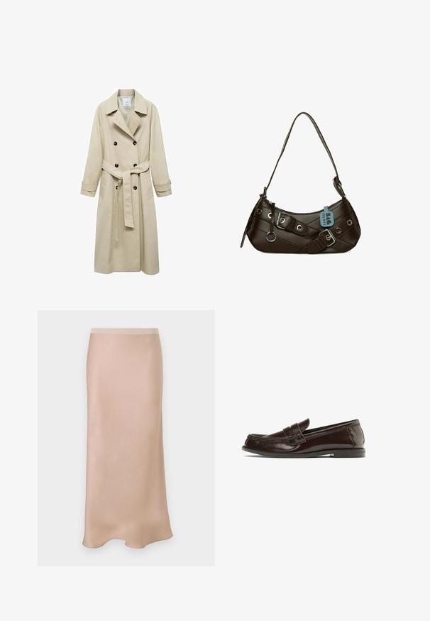 Manteau trench beige en mélange de coton, avec fermeture à boutons croisés, grands revers, taille ceinturée et deux poches latérales.; Polo shirt marron à manches longues avec des rayures blanches horizontales, un col blanc contrastant et une patte de boutonnage à trois boutons. Texture de tissu douce.; Jupe midi en satin de couleur beige clair avec une texture lisse. Elle présente une taille ajustée et une coupe légèrement évasée, s'évasant doucement au niveau de l'ourlet.; Mocassin en cuir marron avec des détails cousus sur le devant, un petit talon et une finition lisse. Une texture subtile améliore son apparence polie.; Bagmori BAGUETTE BAG - Sac à main - brown