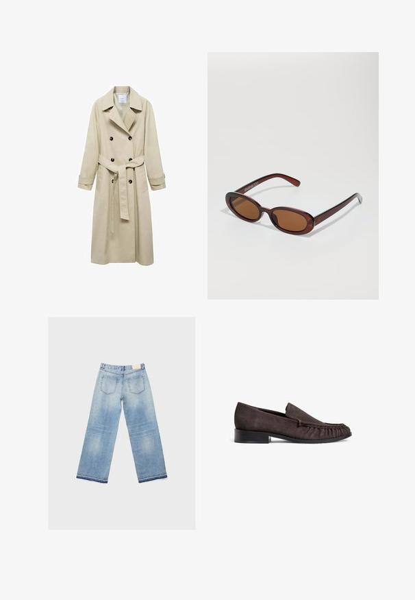 Beige Trenchcoat aus Baumwollmischung mit doppelter Knopfleiste, breiten Revers, tailliertem Gürtel und zwei seitlichen Taschen.; Weißes T-Shirt mit kurzen Ärmeln aus Baumwolle. Hat einen Rundhalsausschnitt und eine lockere Passform. Glatte Textur ohne sichtbare Muster oder Akzente.; Hellblaue weite Jeans mit einem verblassten Design, ausgestattet mit zwei Gesäßtaschen und einem gesteppten Saum. Hergestellt aus Denim-Material.; Braune Wildleder-Loafer mit einem niedrigen schwarzen Absatz und gerafften Details an der Vorderseite. Glatte Textur, runde Zehenform und minimalistisches Design.; Runde, braun getönte Sonnenbrillen mit einem glänzenden burgunderfarbenen Rahmen. Schlanke Bügel mit dezentem Branding. Flaches Linsendesign.; Braune Wildleder-Hobo-Tasche mit einer lässigen Form, ausgestattet mit einem geschwungenen Oberhandgriff und dreieckigen Paneeldetails auf der Vorder- und Rückseite.