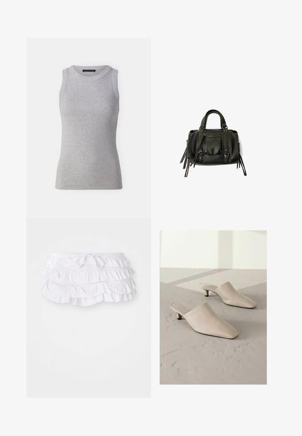 Beige Trenchcoat aus Baumwollmischung mit doppelter Knopfleiste, breiten Revers, tailliertem Gürtel und zwei seitlichen Taschen.; Graues ärmelloses Tanktop aus geripptem Stoff. Verfügt über einen runden Halsausschnitt und eine körperbetonte Form. Einfaches Design, keine sichtbaren Muster oder Akzente.; Weißer, geraffter Schwimmrock mit mehreren Lagen, ausgestattet mit einem verstellbaren Kordelzug. Weicher Stoff mit glatter Textur.; Beige Leder-Mules mit spitzem Zehenbereich und niedrigem schwarzen Absatz. Glatte Textur, einfache Slip-On-Design, minimalistische Silhouette, keine sichtbaren Muster.; Schwarze Lederhandtasche mit geflochtenen Griffen, Reißverschlussfach und hängenden Quasten. Strukturiert Oberfläche mit Metallnieten und Hardware-Akzenten.
