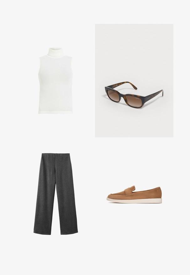 Trench coat beige realizzato in misto cotone, con chiusura a doppio petto con bottoni, ampi rever, vita con cintura e due tasche laterali.; Top bianco senza maniche, con texture a coste, design aderente, orlo dritto, in morbido tessuto misto cotone. Nessun dettaglio o motivo aggiuntivo.; Pantaloni a gamba larga realizzati in tessuto grigio scuro con una texture liscia. Presentano una vita media e nessuna chiusura o decorazioni visibili.; Scarpa slip-on in suede marrone con suola piatta, caratterizzata da un ampio dettaglio a fascia nella parte anteriore e un design semplice e minimale.; Occhiali da sole tartarugati con lenti marroni sfumate, montatura angolare e logo "vogue" sulle tempie. Texture morbida, design moderno.; Borsa a spalla in suede marrone chiaro con forma arrotondata, hardware dorato e chiusura con cerniera. Presenta un charm attaccato con le iniziali "MK."