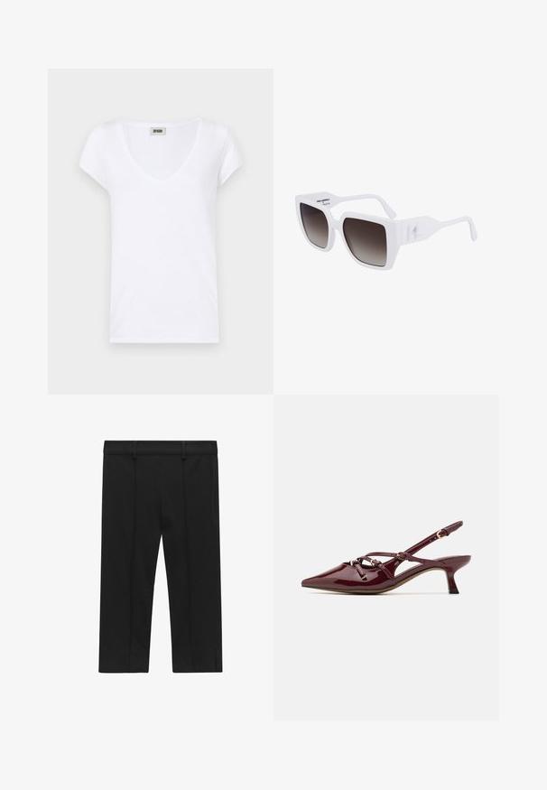 Beige Trenchcoat aus Baumwollmischung mit doppelter Knopfleiste, breiten Revers, tailliertem Gürtel und zwei seitlichen Taschen.; Weißes T-Shirt mit kurzen Ärmeln und einem tiefen V-Ausschnitt, aus weichem Baumwollstoff, mit lockerer Passform und ohne sichtbare Muster oder Grafiken.; STOCKH LM Studio KAYLA CAPRI - Shorts - black; Burgunderfarbenes patentiertes Leder Slingback-Schuhwerk mit spitzer Zehenform, kleinem Absatz, dekorativen Riemen und glänzender Oberfläche.; Weiße, übergroße Sonnenbrillen mit matter Oberfläche, verlaufend dunkelgrauen Gläsern und einem markanten Logo an den Seiten der Bügel.