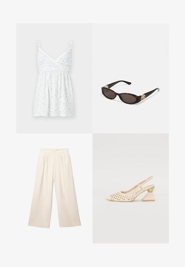 Béžový trenčkot vyrobený z bavlnenej zmesi, s dvojradovým zapínaním na gombíky, širokými klopami, opaskom v páse a dvoma bočnými vreckami.; Biela bezrukávová blúzka s kvetinovým vzorom v svetlomodrej farbe, čipkovými akcentmi pozdĺž výstrihu a uvoľneným, zberaným strihom.; Bledé béžové nohavice s širokými nohavicami vyrobené z mäkkej textúrovanej látky. Majú predné záhyby a elastický pás pre uvoľnený strih.; Béžová sandálová obuv na podpätku s perforovaným zvrškom, špicatou špičkou a kontrastným trojuholníkovým podpätkom s zlatým akcentom. Hladká textúra celkovo.; Slnkové okuliare v korytnačkovom dizajne s predĺženými oválnymi šošovkami, hnedým tónovaním, zlatými logovými akcentmi na spánkoch a elegantnými čiernymi ramenami.